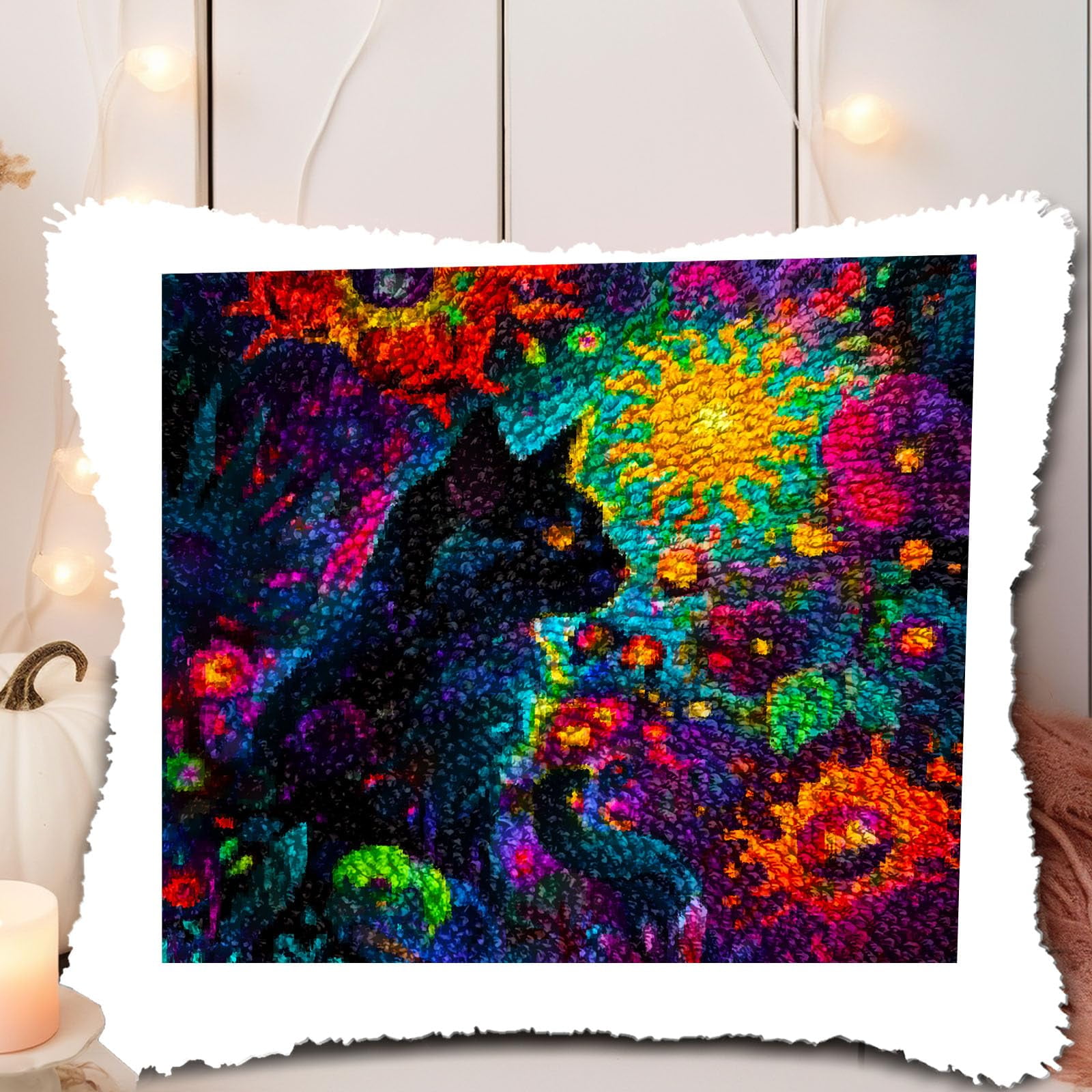 A Black Cat in Abstract Flowers DIY Latch Hook Pillow Kits for Adults Printed Pillowcase Crochet Yarns Hooking Handmade Pillow Cover Cushion for Home Sofa Decoration 17x17inch