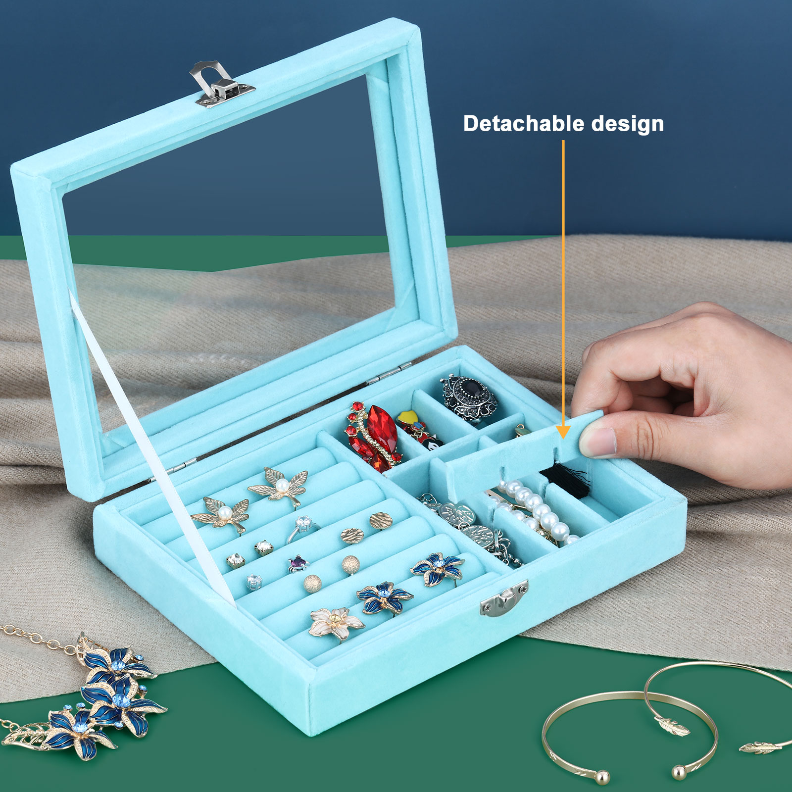 Velvet Jewelry Organizer For Earring&Rings Storage，Blue