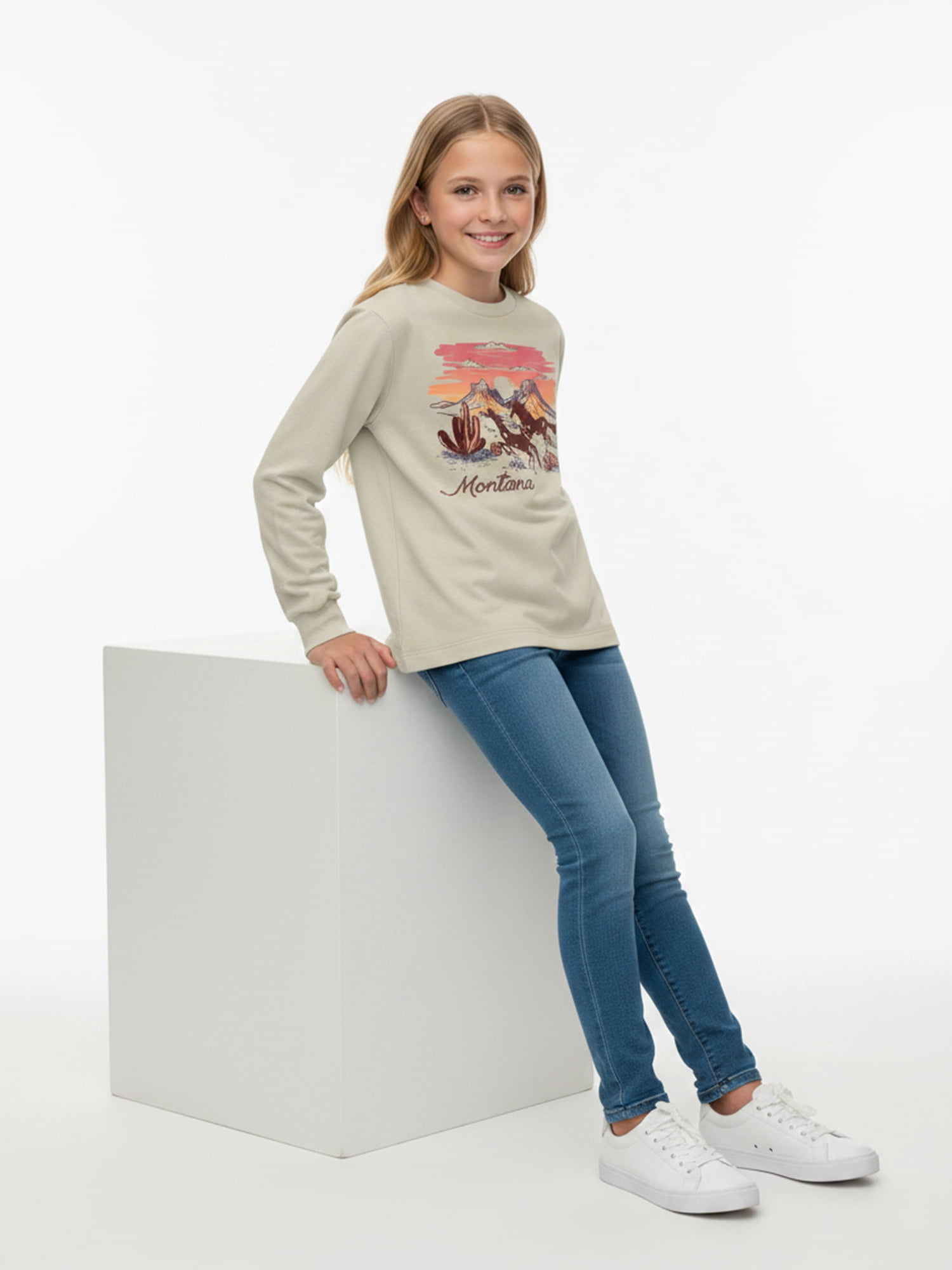 Wonder Nation Girls Graphic Sunset Horses Tee with Long Sleeves, Sizes 4–18