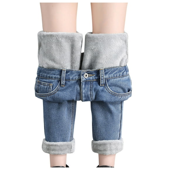 Bmisegm Women's High Waist Loose Thickened Warm Plush Straight Jeans Haren Pants Y2K Jeans for Women Dark Blue L