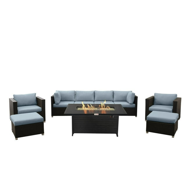 Innesbrook Collection 9-Piece Aluminum Patio Conversation Set with Spa Cushions and Rectangle Fire Table