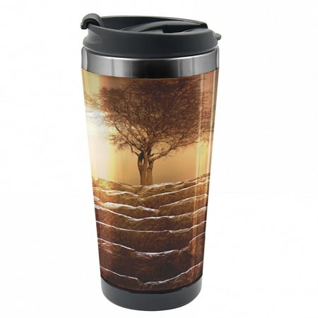 

Tree Travel Mug Brown Sky Sunset Cloudy Steel Thermal Cup 16 oz by Ambesonne