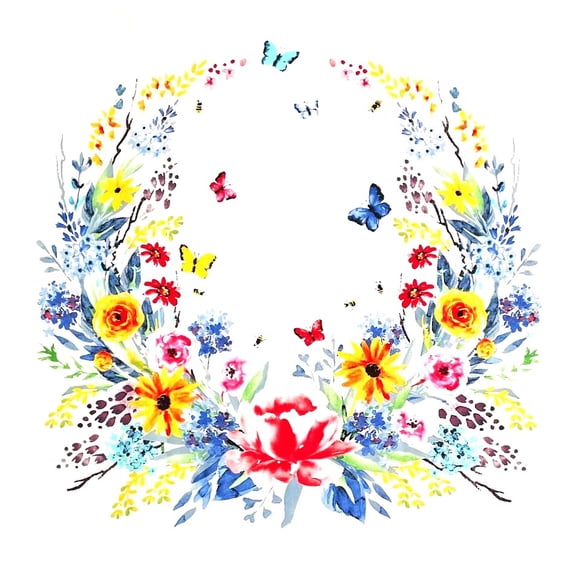 1 Panel – Colorful Floral Wreath & Butterflies Cotton Fabric Quilt Panel (Great for Quilting, Sewing, Craft Projects, Wall Hangings, and More) 23" X 44"