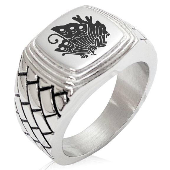 Stainless Steel Taira Ageha Samurai Crest Geometric Pattern Step-Down Biker Style Polished Ring