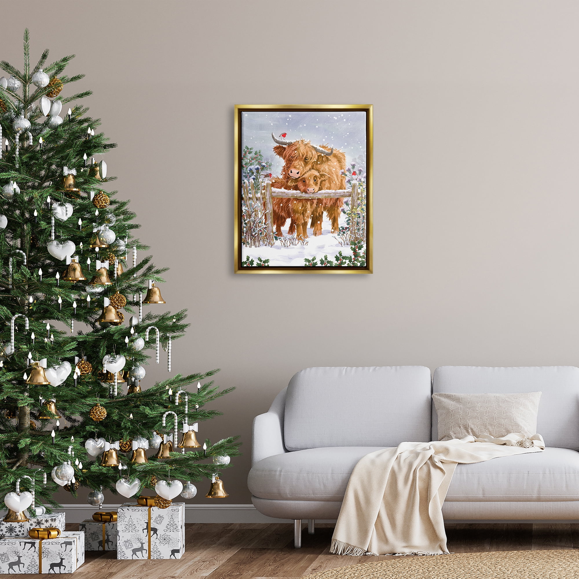Stupell Industries Winter Cattle Cuddling Snow Scene Holiday Painting Gold Floater Framed Art Print Wall Art
