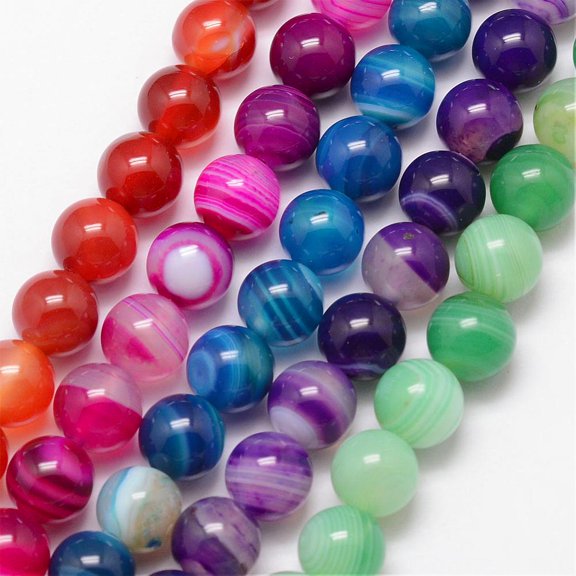 5Strand Natural Striped Agate/Banded Agate Bead Strands Round Grade A Dyed & Heated Mixed Color 8mm Hole: 1mm 47pcs/strand 15 inch