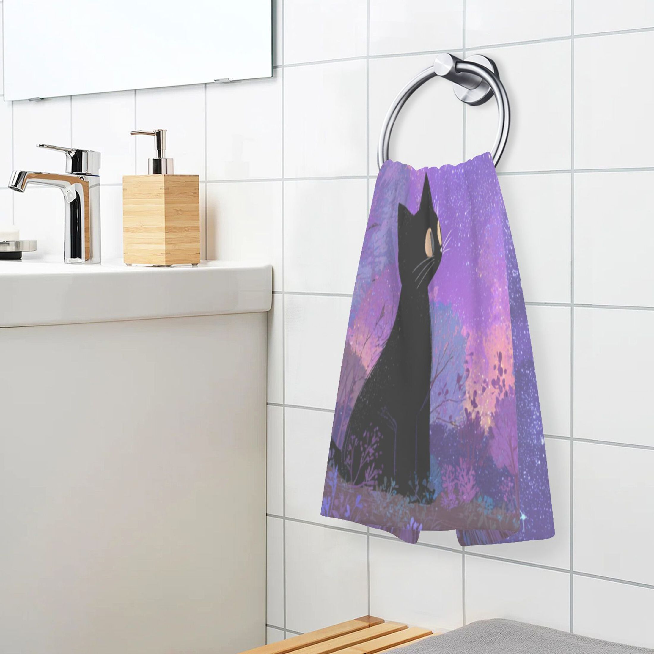 2 Pieces of Cotton Towel Face Towel Set Hand Towel Bath Towel Cotton Bath Towel Sets Black Cat Cute