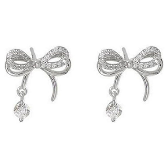 Sparkling Silver Bow Drop Earrings with Rhinestone For Women Accents Prof N