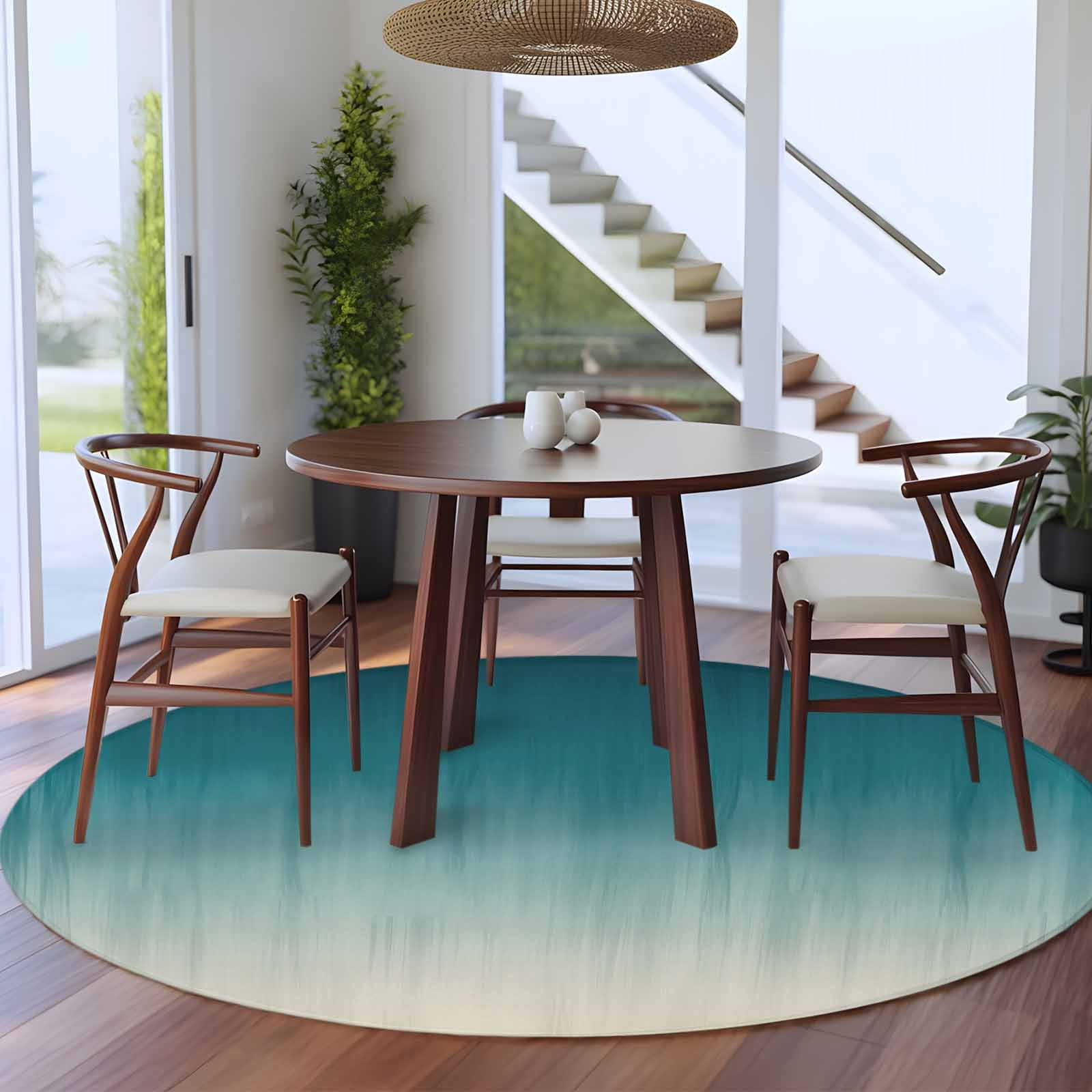 Round Area Rugs Collection 6 Ft, Teal Blue Ombre Non-Slip Residential Carpet, Contemporary Gradient Abstract Art Indoor Crawling Mats Runner Rugs for Living Room/Dining Room/Bedroom