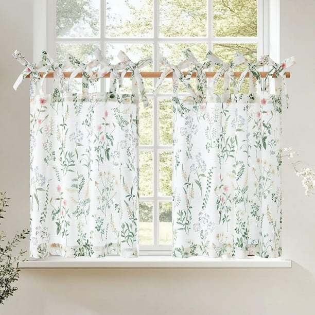 Cortinas de cocina Jinchan de lino con estampado floral de 90 x 60 cm, 2 paneles