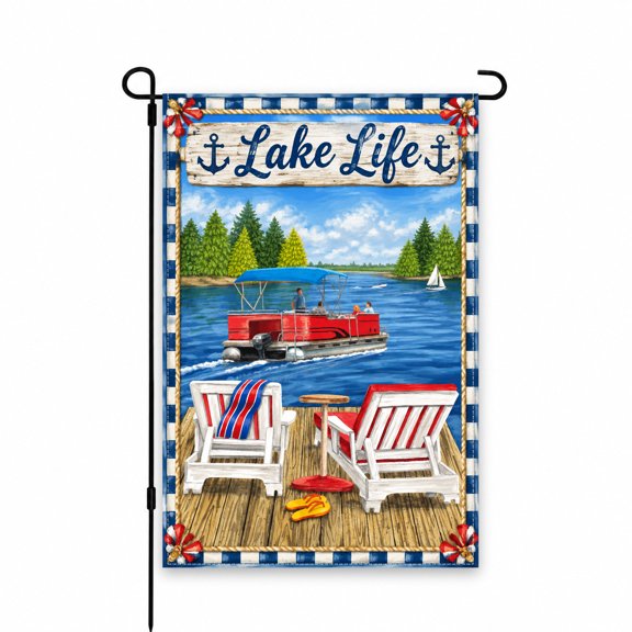 Lake Life Garden Flag 12x18 Inch - Summer Dock, Boat, and Lounge Chairs Decorative Yard Flag for Patio, Porch, Lawn, or Outdoor Decor Display