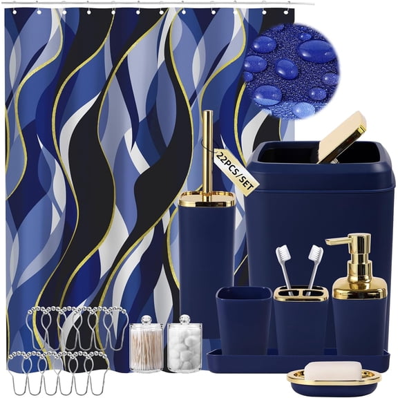 Blue Bathroom Set, Bathroom Sets with Stripe Shower Curtain, Navy Blue and Gold Bathroom Accessories with Trash Can, Soap Dispenser, Soap Dish, Toilet Brush Holder, Qtip Holders for Bathroom