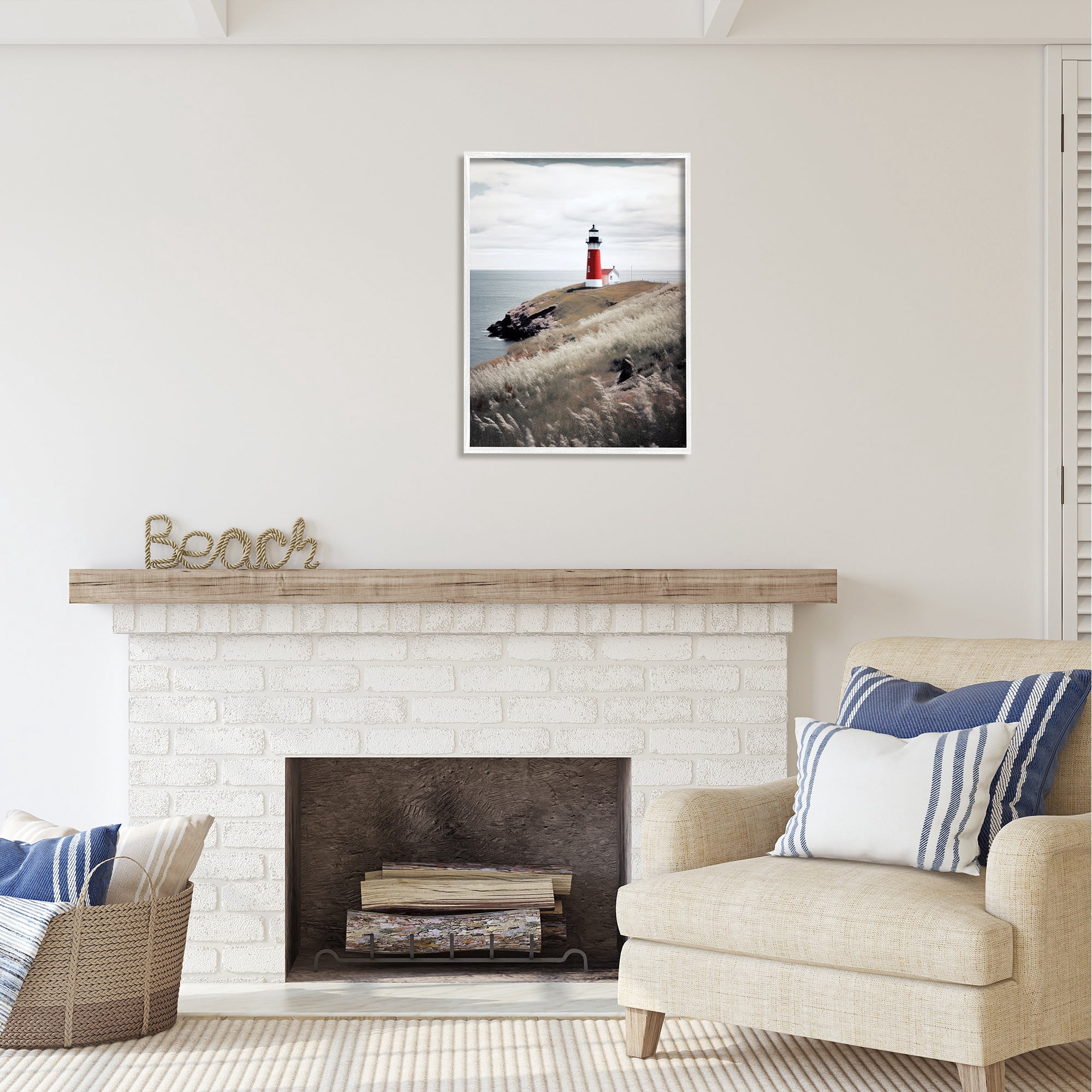 Stupell Industries Red Lighthouse Landscape Landscape Photography White Framed Art Print Wall Art, 24 x 30