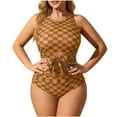 thumbnail image 2 of WHLBF Two Piece Swimsuits Set for Women Plus Size Plaid Tie Halter Beach Casual Bathing Suit Coffee XXXXL, 2 of 4