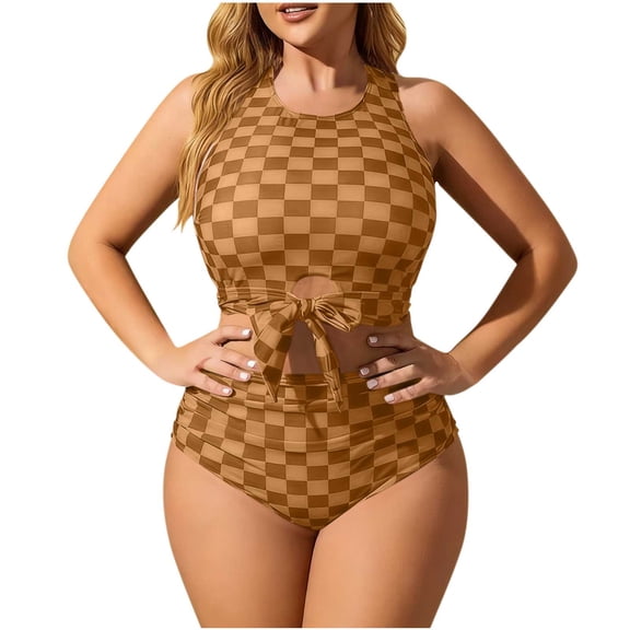 Ashirexll Two Piece Swimsuit for Women Plus Size Bandage Tank Top High Waisted Solid Color Bikini Sets