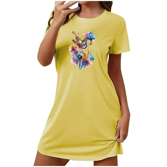 Mrat Pajamas for Night Sweats Plus Size Nightgowns for Women Oversized Sleep T-Shirts Dress Short Sleeves Sleepwear S-99 Yellow XL