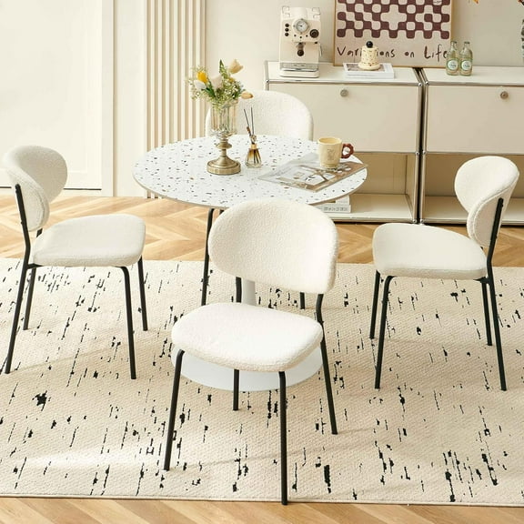 NORDICANA Modern Round Dining Chairs Set of 4, Beige Boucle Kitchen Side Chairs Upholstered with Metal Legs
