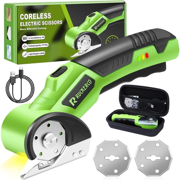 Cordless Electric Scissors Box Cutter 2 Rotary Blades – 4V Duty Rechargeable Cardboard Cutter, Storage & Fabric Scissor With Safety Lock, USB Cable For Plastic, Carpet, Leather, DIY Crafts