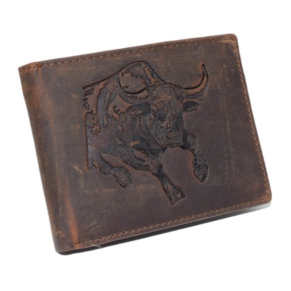 MARSHAL Bifold Western Cowboy Style Men's Vintage Leather Rodeo RFID Blocking Wallet Bull Engraved Design Brown