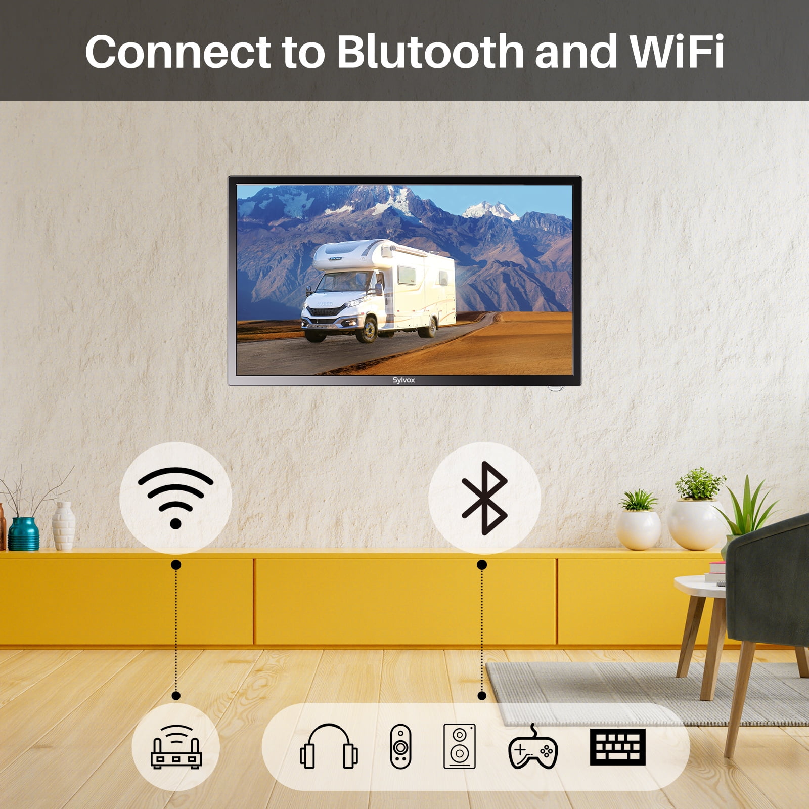 SYLVOX 12 Volt TV, 27" RV TV with Built-in DVD Player, 1080P Smart Google TV OS Free Download APPs, ATSC NTSC WiFi Bluetooth HDMI USB, AC/DC Powered (Trailer Series)