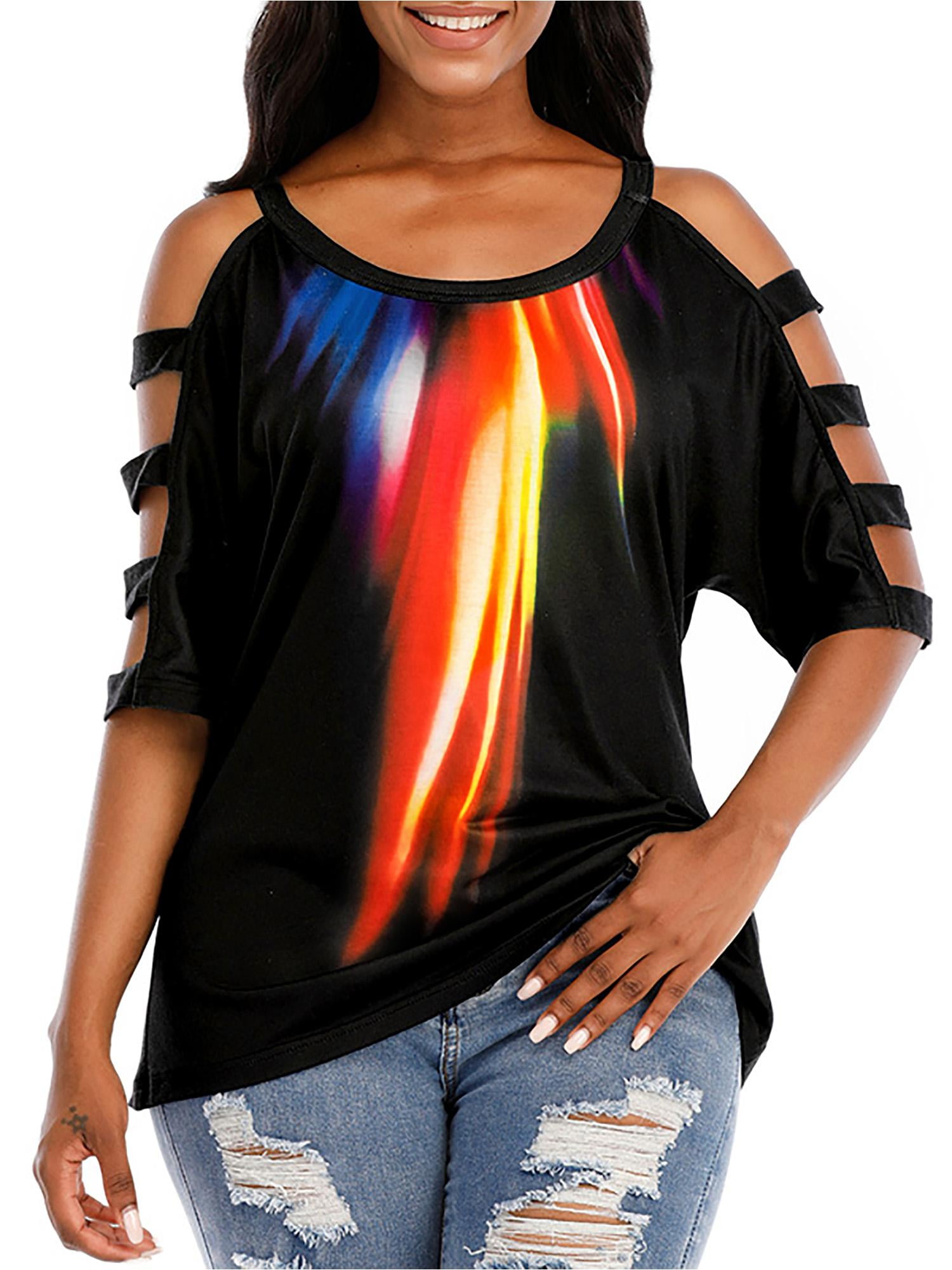 JustVH Women's Off the Shoulder Elbowlength Casual Print Top Blouse