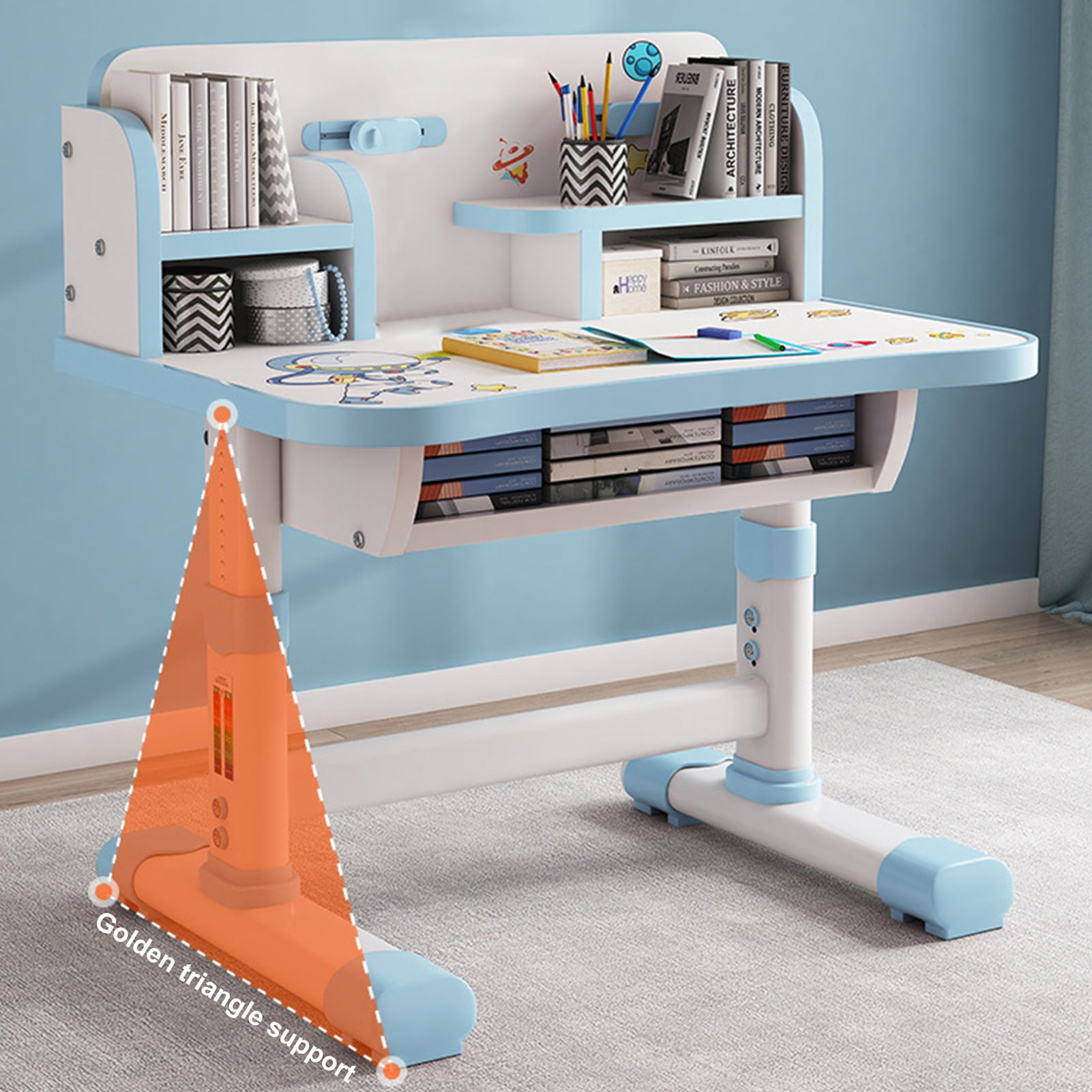 AQMD  Kids' Desk Chairs Set, Height Adjustable Child Study Desk with Castle Backboard, Widened Desktop, Bookstand and Storage Drawer (Blue)