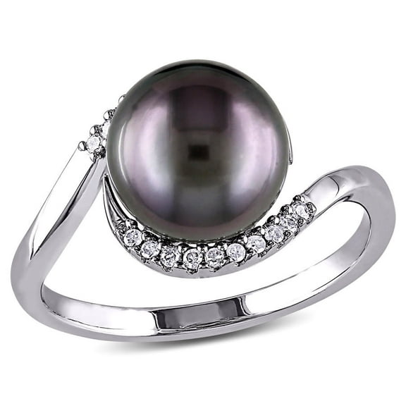 AMOUR 1/10 CT TW Diamond and 9 - 9.5 Mm Black Tahitian Pearl Curlicue Ring In Sterling Silver