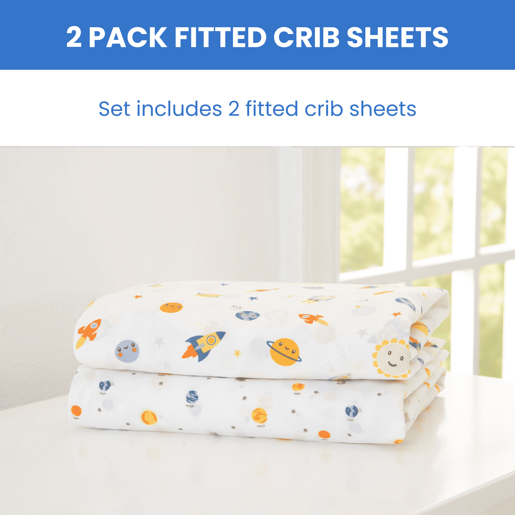 Delta Children Fitted Crib Sheets for Girls and Boys - Crib Sheet for Standard Crib and Toddler Mattresses - 28x52 Inch (Pack of 2), Space Exploration
