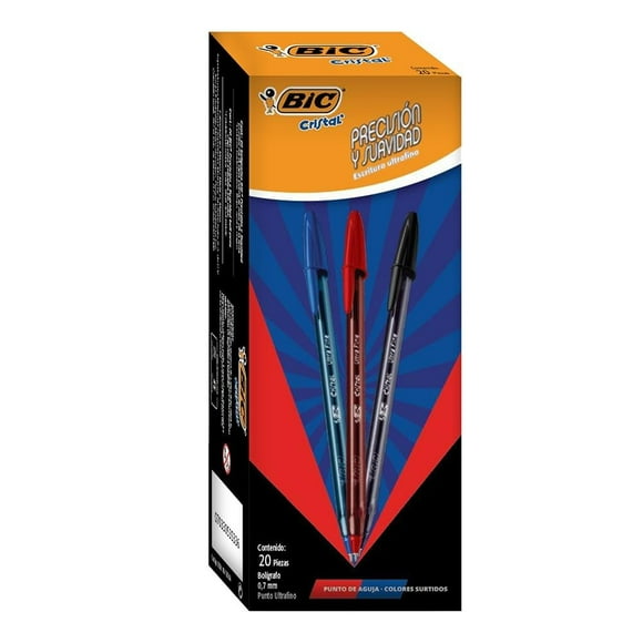 Bolígrafo BIC Cristal Punto Ultrafino de Colores 20 piezas