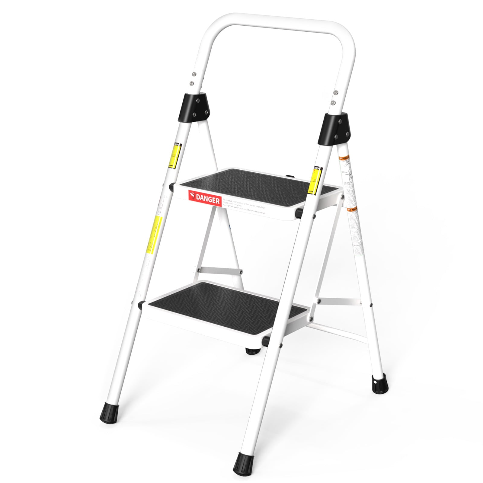 LevLad 2 Step Ladder, Folding Step Stool with Anti-Slip Pedal, Sturdy Steel Ladder, Convenient Handrail, Lightweight, Portable, White