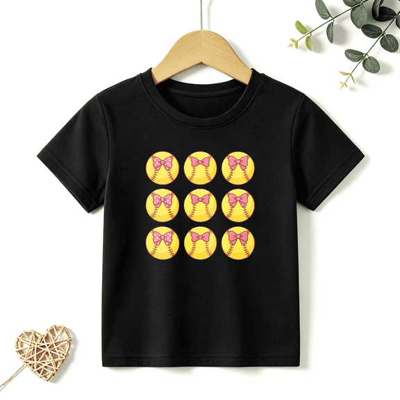 Girls Graphic Tees Softball Pink Bow Pattern Kids T Shirt Cute 100% Cotton Short Sleeve Soft Tops 4-13Y