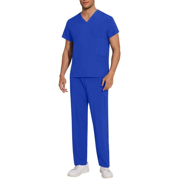 Ceisia Men's Solid Color V-Neck Nurse Uniform Set, Short Sleeve Scrub Top with Elastic Waist Pants for Healthcare Professionals Blue XL Gifts