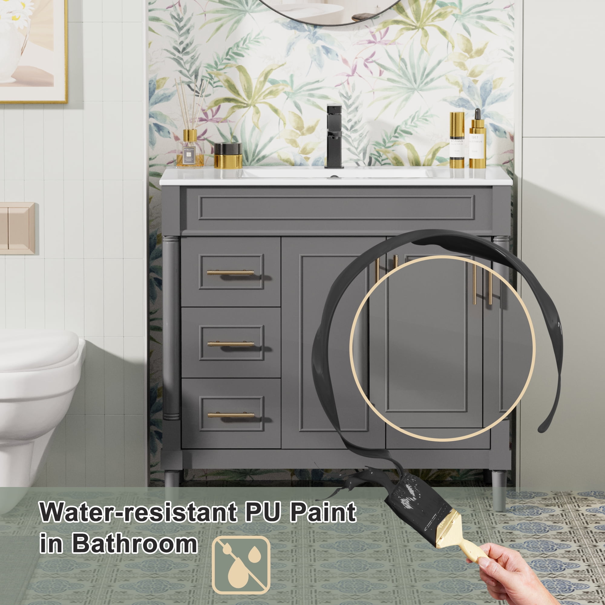 36" Freestanding Bathroom Vanity with Ceramic Sink Top, Faucet, Classic Tapered legs