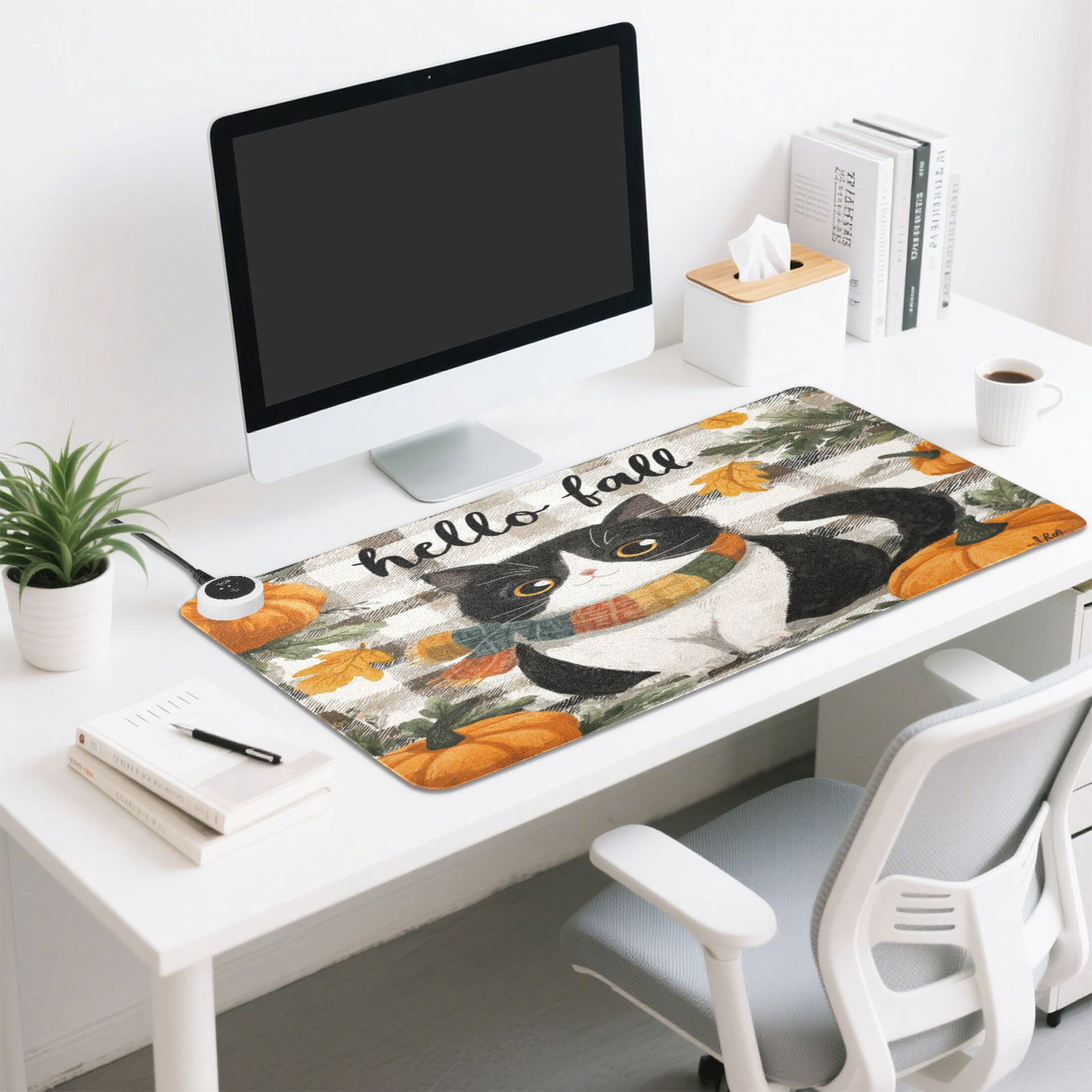 Large Heated Desk Mat Mouse Pad 31.5"x13"PU Leather Graphene Heating Desk Warmer with 3 Temperature Settings 110V US Plug Non-Slip Warm Pad for Home, Office, and Gaming Falling Leaves and Cute Cat