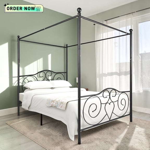 Tcbosik Queen Size Metal Canopy Bed Frame, Modern Minimalist Design Four-Poster, No Box Spring Needed, Easy Assembly, Black