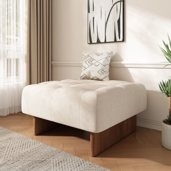 Euroco 31.5" Large Square Upholstered Tufted Linen Ottoman, Modern Accent Foot Stool Ottoman Coffee Table with Solid Wood Legs for Living Room, Beige