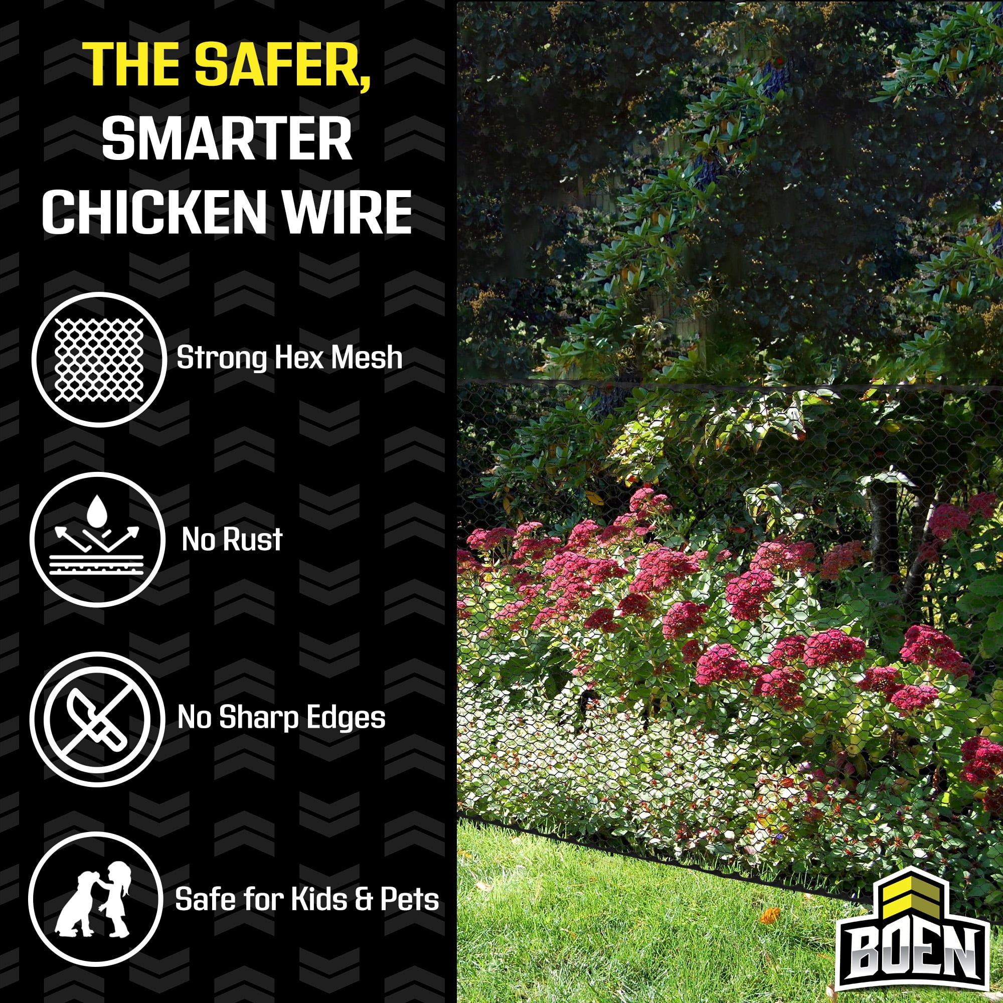 Boen - Plastic Hex Chicken Wire Mesh Temporary Fence Roll (4' x 25' - Black) - Plastic Fence Poultry Netting for Temporary or Semi Permanent Enclosures, Deer Netting Fence, Construction Fencing