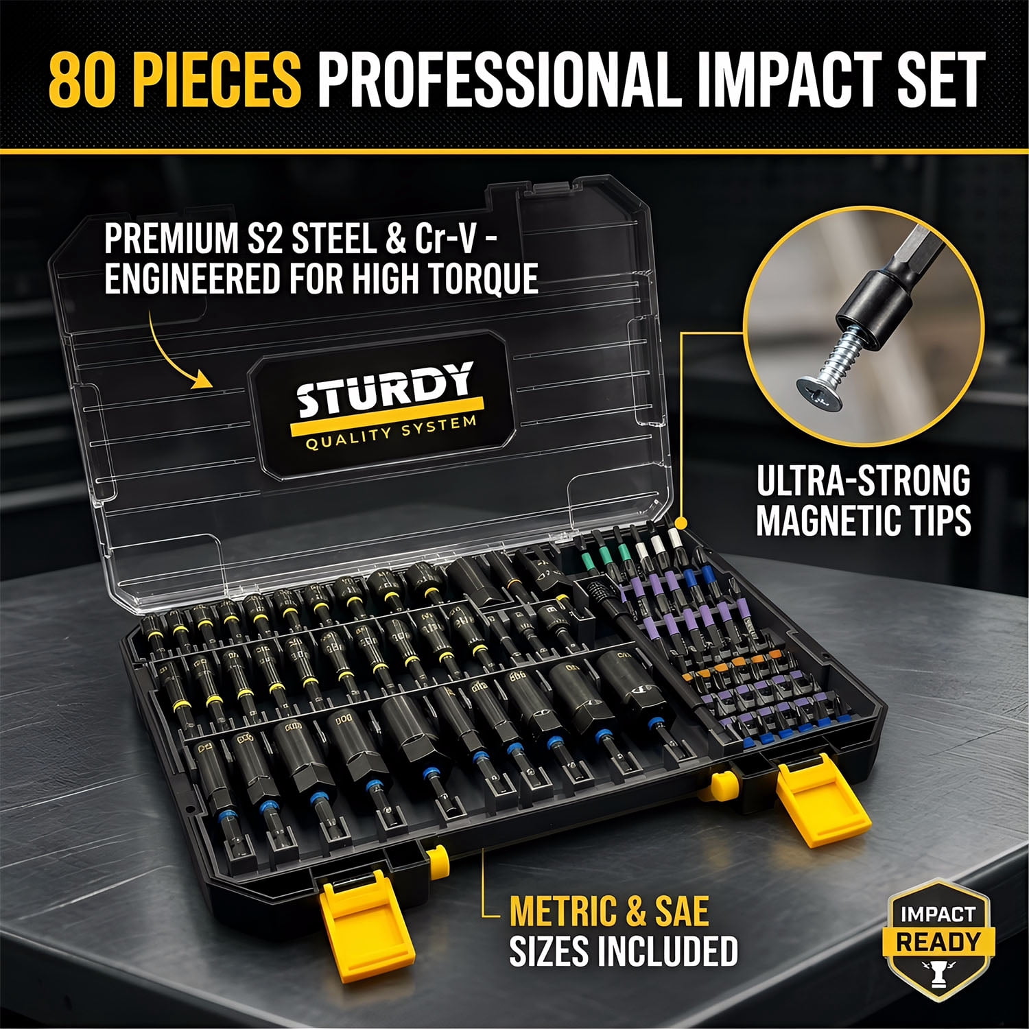 80Pcs Premium Magnetic Impact Nut Driver Set with Socket Adapters, Bit Holder, Wing Nut Driver, Universal Sockets, Quick Release Extension, Power Bits