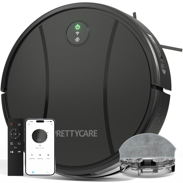 PrettyCare Aspirateur Robot et Vadrouille, 2 en 1 Lavage avec Aspiration de 7000Pa Contrôle par Application/télécommande/voix, Idéal pour les Poils d'Animaux, C2