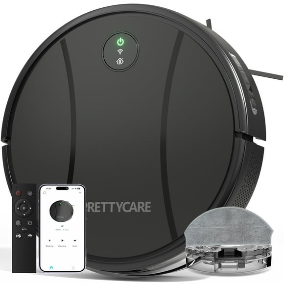 PrettyCare Aspirateur Robot et Vadrouille, 2 en 1 Lavage avec Aspiration de 4500Pa Contrôle par Application/télécommande/voix, Idéal pour les Poils d'Animaux, C2