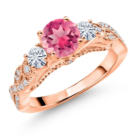 Gem Stone King 18K Rose Gold Plated Silver Pink Mystic Topaz and White Moissanite Engagement Ring for Women (1.97 Cttw, Gemstone, Round 6MM and 3MM, Size 8)