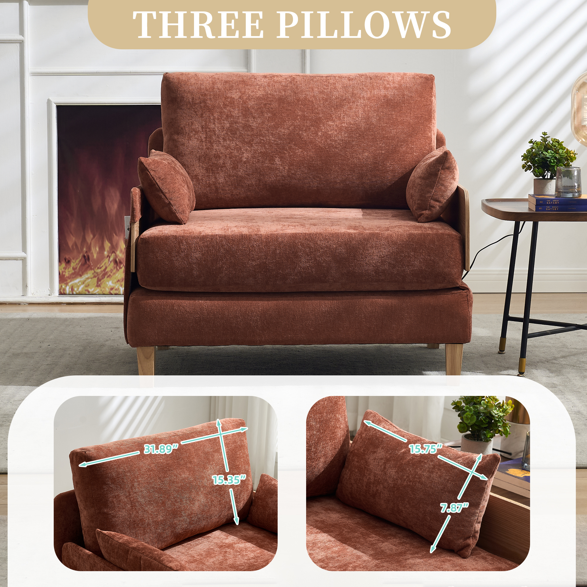 Leumius Foldable Sofa Bed,3-in-1 Convertible Sleeper Chair,Modern Foldable Sofa Chair With 3 Pillows for Small Spaces,Orange