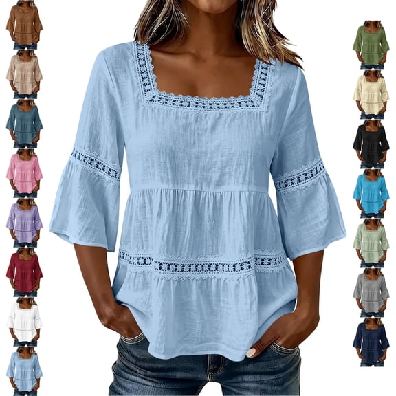 TGSLY Women's Linen Square Neck Tops Lightweight Soft Eyelet Lace Trim 3/4 Bell Sleeve Blouses Dressy Casual Solid Color Tunic Shirts L
