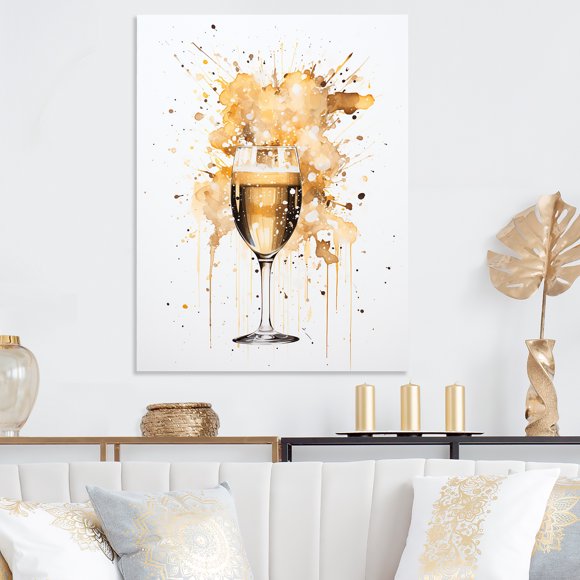 Designart "Champagne Splash in Gold" Champagne Metal Wall Art, White Metal Wall Decor, Traditional Metal Art Decor For Entryway - 16x32 Inch