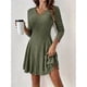 thumbnail image 5 of Vestido Corto de Punto Acanalado de Larga para Mujer, Otoño e Invierno, Cuello en V, Informal, Corte A Verde M, 5 of 8