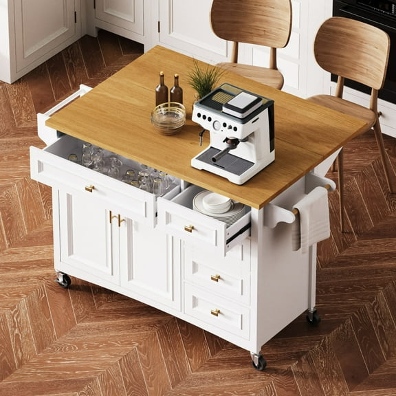 52'' Kitchen Island with Drop Leaf, Embossed Texture Kitchen Island on Wheels with Spice Rack, Towel Rack, 2 Doors and 5 Drawers, Kitchen Storage Cart with Adjustable Shelf for Kitchen, White