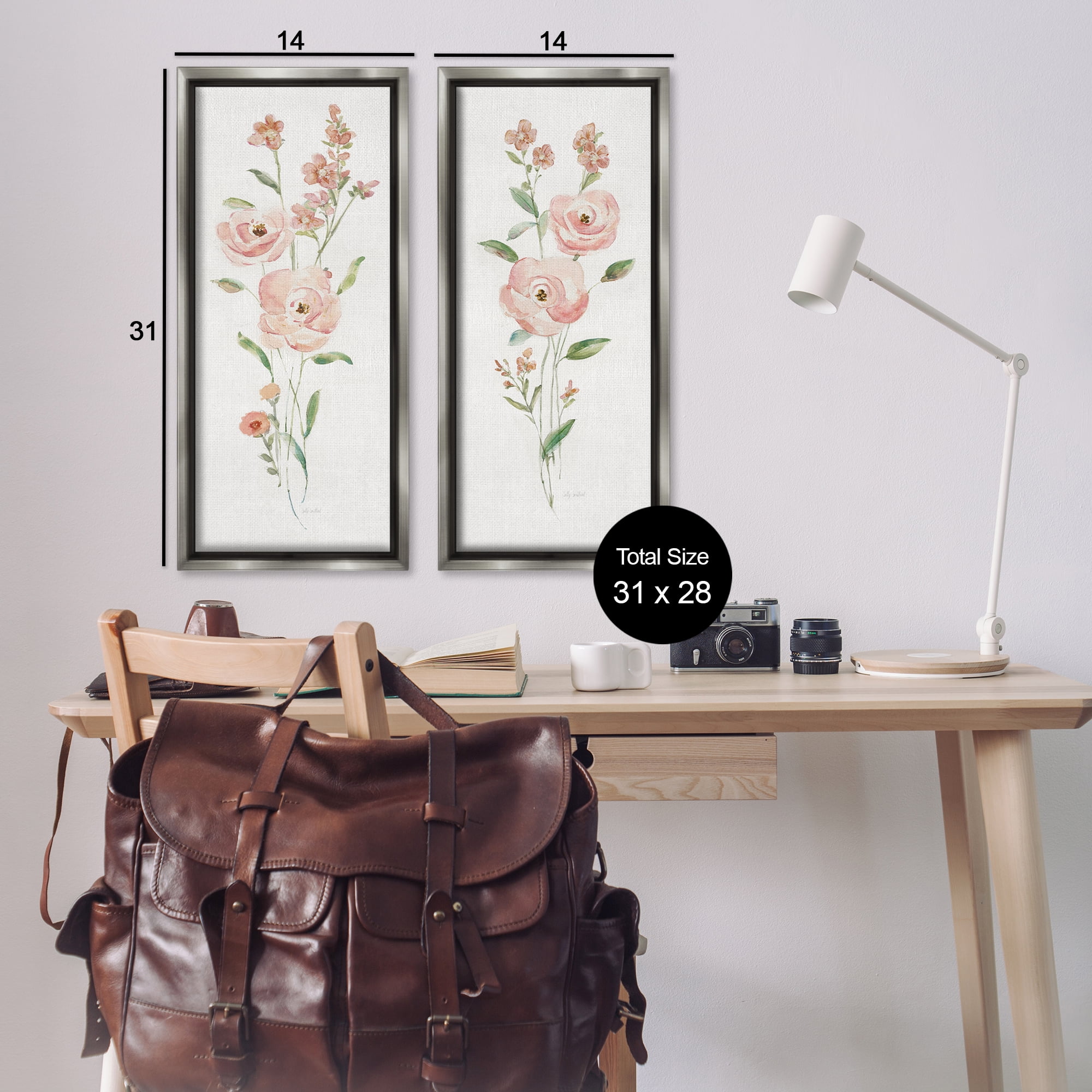 Stupell Industries Simple Pink Watercolor Flowers Plants & Flowers Painting Gray Floater Framed Canvas Art Print Wall Art, 14 x 31, Set of 2