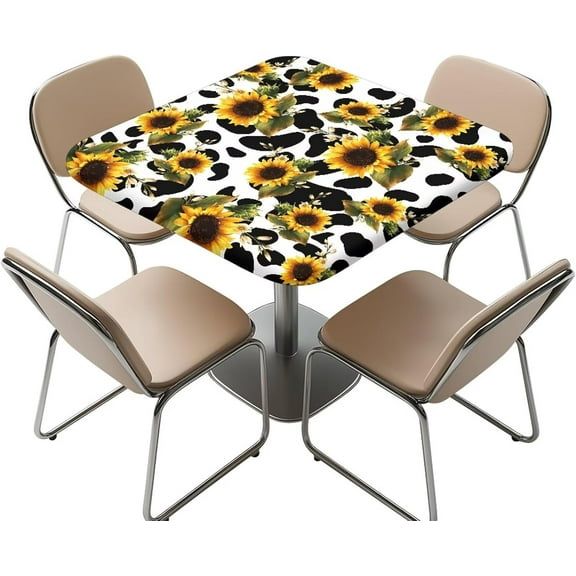 36 x 36 inch Square Fitted Tablecloth with Elastic Edges Sunflower Cow Print Stretchy Fabric Folding Card Table Cover for Indoor Outdoor Patio Party Decor