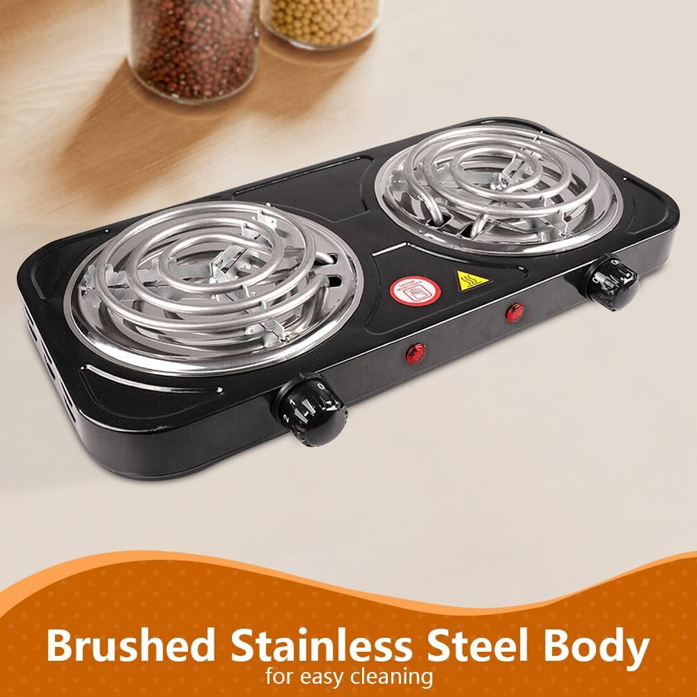 2000W Portable Electric Double Burner, Electric Hot Plate Kitchen Cooktop Cooking Stove Frying Pan and Easy to Clean for Home or Dorm, 5 Adjustable Temperatures, Black