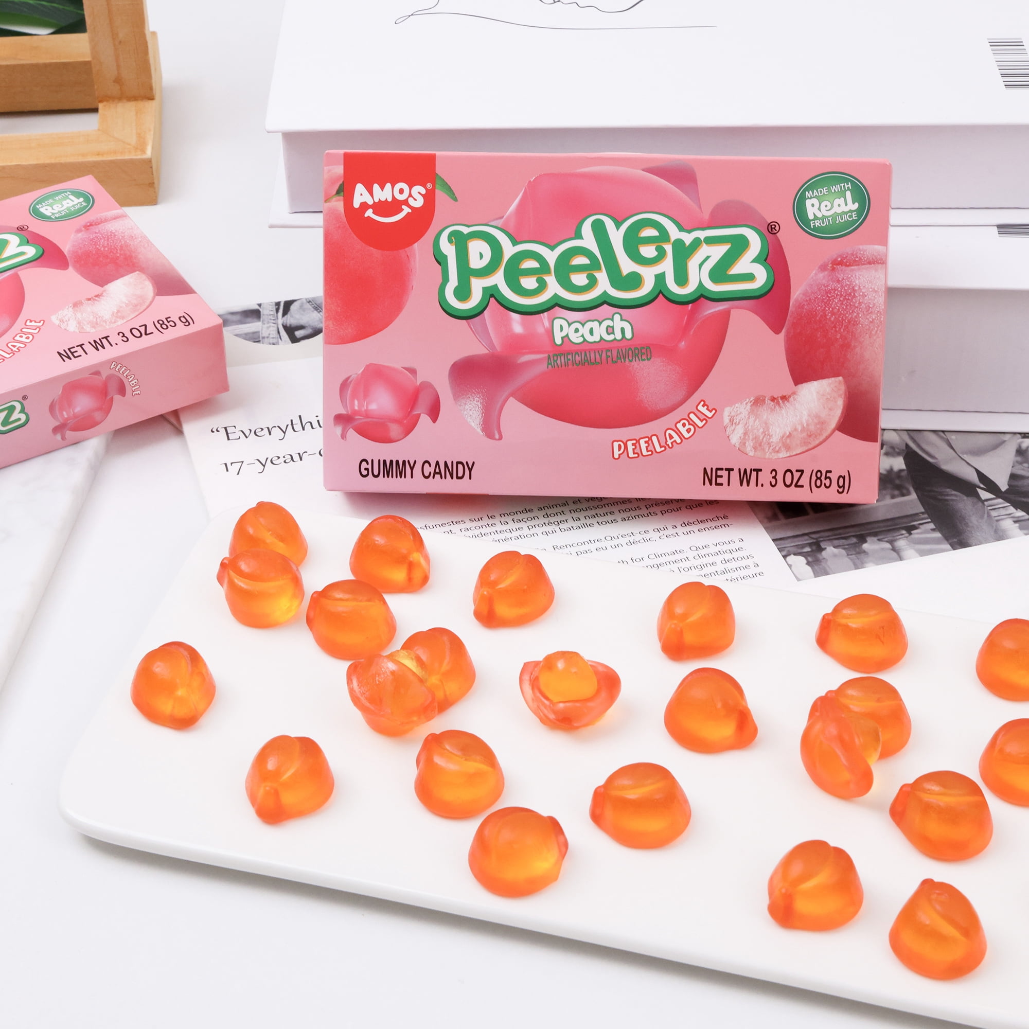 AMOS Peelerz Peach Theatre Box Gummy Candy, Gluten, Milk and Nut Free, 1 Count, 3 Oz